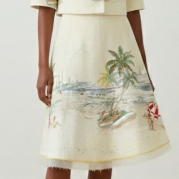 J. CREW Vintage Beach Scene Postcard Print Collectible Ecru Linen Skirt S RARE